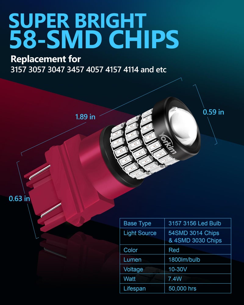 Yorkim لمبة يوركيم 3157 LED حمراء لمبة فرامل 3157 لمبات إضاءة خلفية 3157 لمبات فرامل وامضة مع بروجيكتور 3056 3156 3057 4057 4157 T25 لمبات LED حمراء، عبوة من 2 - Image 2